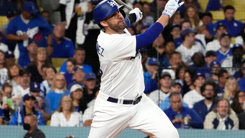 Los Angeles Dodgers (New York Mets) designated hitter J.D. Martinez (28) hits a home run against the Arizona Diamondbacks in the fourth inning during Game 2 of the NLDS at Dodger Stadium in Los Angeles