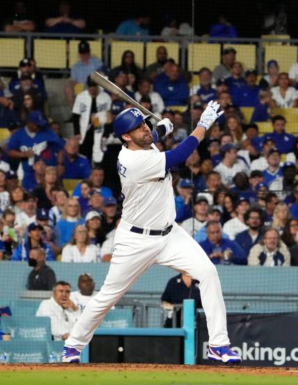 Los Angeles Dodgers (New York Mets) designated hitter J.D. Martinez (28) hits a home run against the Arizona Diamondbacks in the fourth inning during Game 2 of the NLDS at Dodger Stadium in Los Angeles