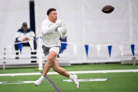 Tight end Theo Johnson (New York Giants) catches a pass during Penn State's Pro Day in Holuba Hall on March 15, 2024, in State College.