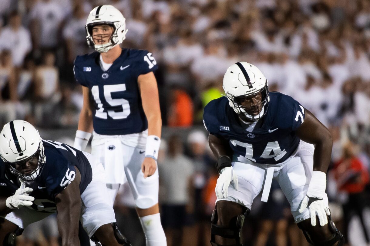 Penn State left tackle Olu Fashanu (74) gets set before a play against West Virginia at Beaver Stadium Sept. 2, 2023, in State College.