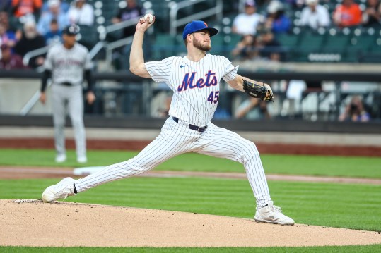 May 30, 2024; New York City, New York, USA; New York Mets starting pitcher Christian Scott (45) pitches in the first inning against the Arizona Diamondbacks at Citi Field. Mandatory Credit: Wendell Cruz-USA TODAY Sports