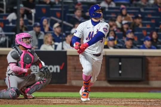 May 12, 2024; New York City, New York, USA; New York Mets left fielder Brandon Nimmo (9) hits a walk-off two run home run during the ninth inning against the Atlanta Braves at Citi Field. Mandatory Credit: Vincent Carchietta-USA TODAY Sports