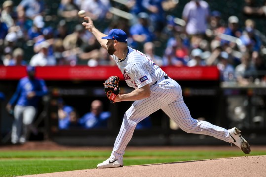May 2, 2024; New York City, New York, USA; New York Mets pitcher Adrian Houser (35) pitches against the Chicago Cubs during the first inning at Citi Field. Mandatory Credit: John Jones-USA TODAY Sports