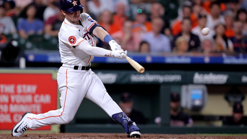 Apr 30, 2024; Houston, Texas, USA; Houston Astros third baseman Alex Bregman (2) hits a three-run home run to left field against the Cleveland Guardians during the third inning at Minute Maid Park. Mandatory Credit: Erik Williams-USA TODAY Sports, yankees