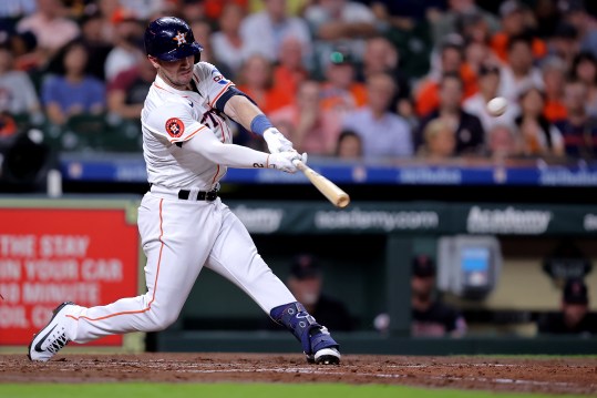 Apr 30, 2024; Houston, Texas, USA; Houston Astros third baseman Alex Bregman (2) hits a three-run home run to left field against the Cleveland Guardians during the third inning at Minute Maid Park. Mandatory Credit: Erik Williams-USA TODAY Sports