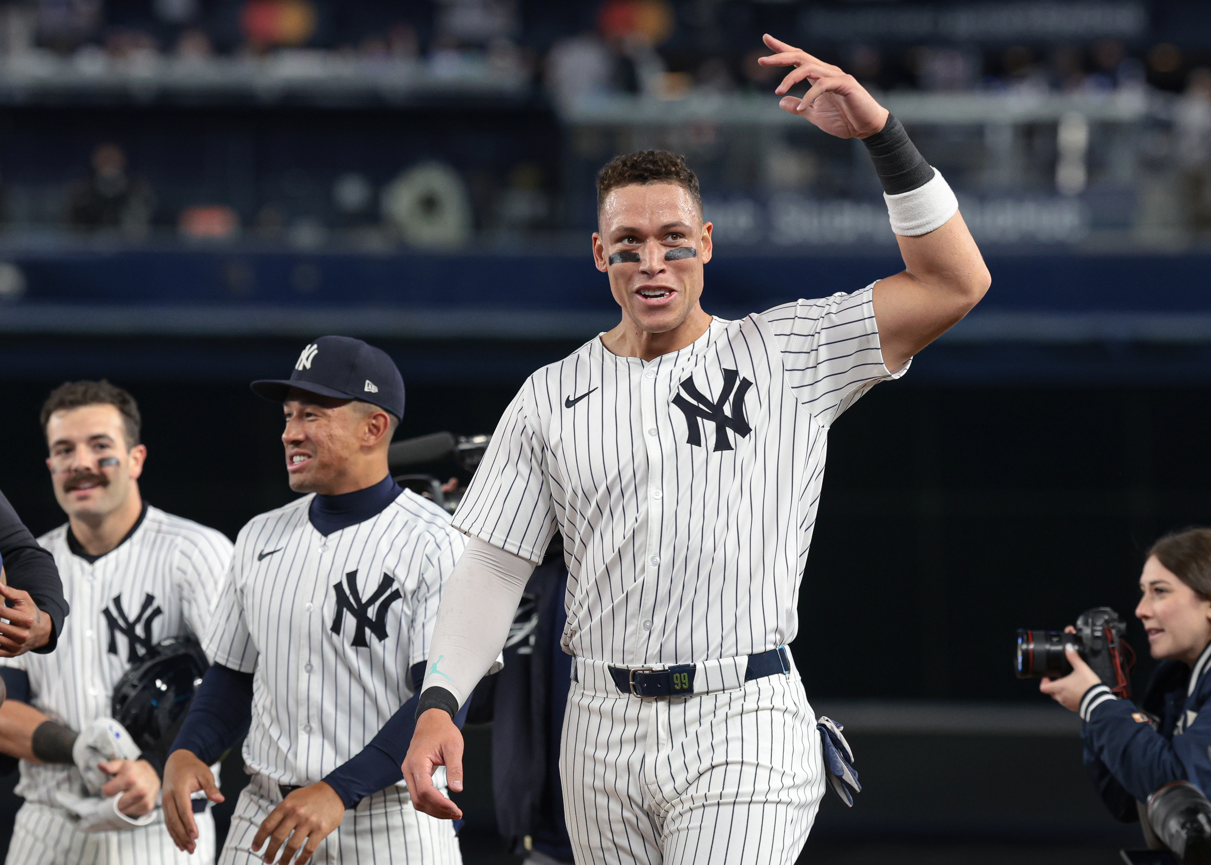 May 3, 2024; Bronx, New York, USA; New York Yankees center fielder Aaron Judge (99) gestures to fans after the Yankees defeated the Detroit Tigers at Yankee Stadium. Mandatory Credit: Vincent Carchietta-USA TODAY Sports