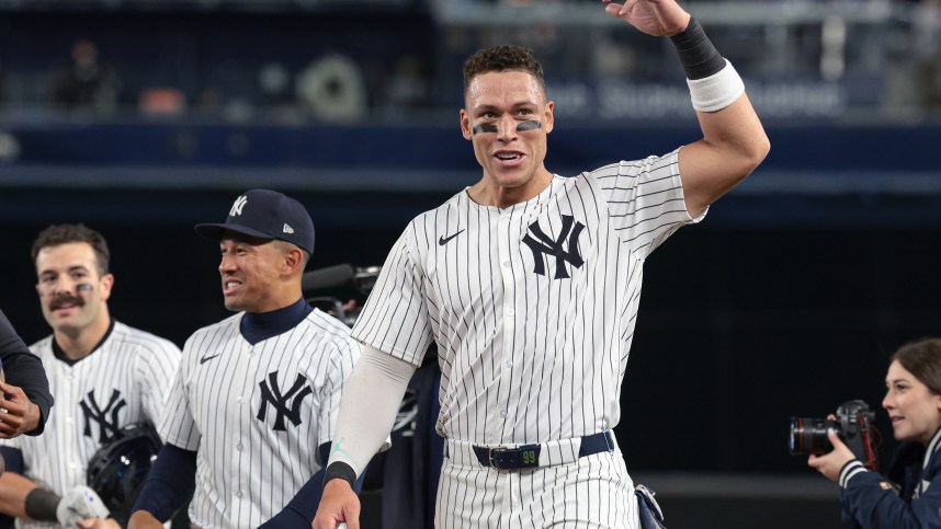May 3, 2024; Bronx, New York, USA; New York Yankees center fielder Aaron Judge (99) gestures to fans after the Yankees defeated the Detroit Tigers at Yankee Stadium. Mandatory Credit: Vincent Carchietta-USA TODAY Sports