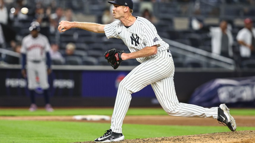May 7, 2024; Bronx, New York, USA;  New York Yankees relief pitcher Michael Tonkin (50) pitches in the ninth inning against the Houston Astros at Yankee Stadium. Mandatory Credit: Wendell Cruz-USA TODAY Sports