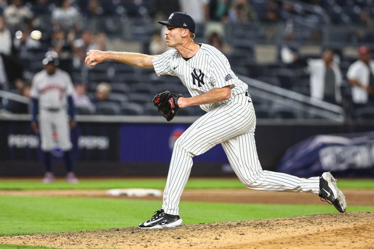 May 7, 2024; Bronx, New York, USA;  New York Yankees relief pitcher Michael Tonkin (50) pitches in the ninth inning against the Houston Astros at Yankee Stadium. Mandatory Credit: Wendell Cruz-USA TODAY Sports