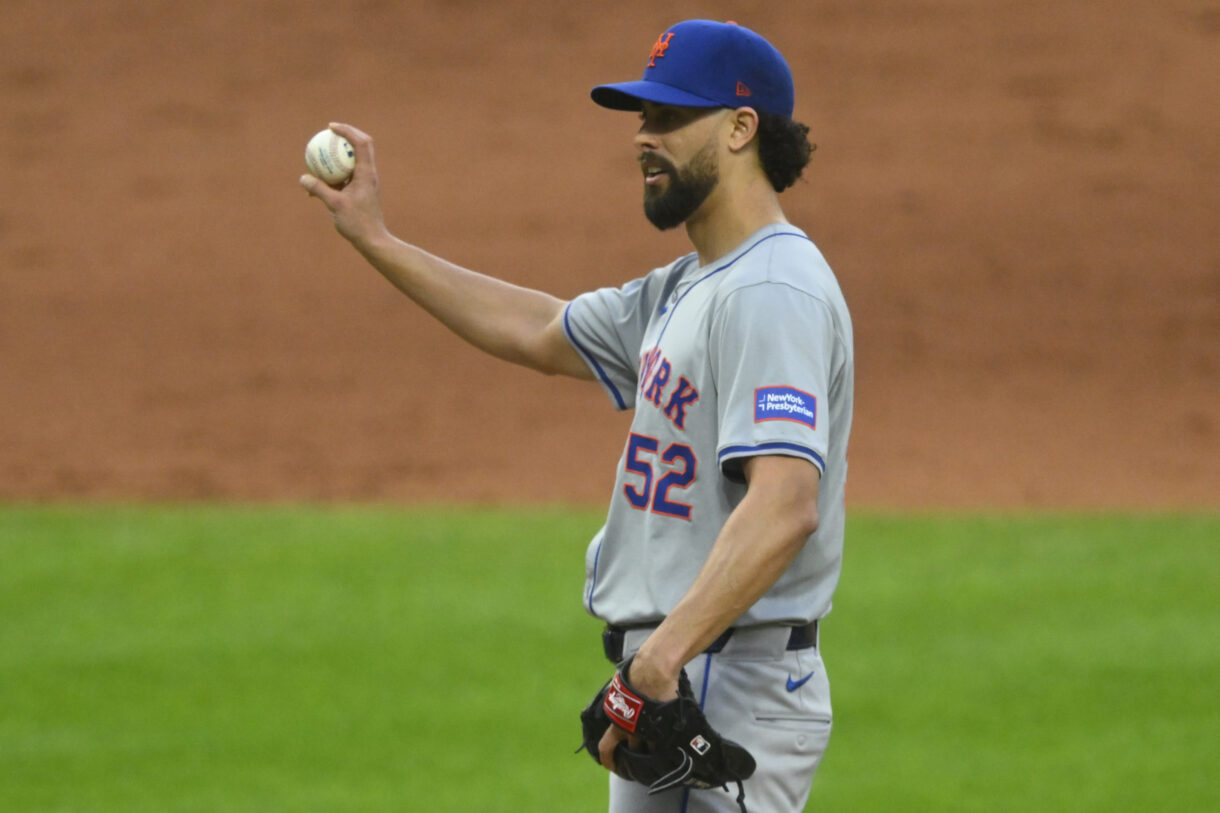May 20, 2024; Cleveland, Ohio, USA; New York Mets relief pitcher Jorge Lopez (52) stands on the mound in the eighth inning against the Cleveland Guardians at Progressive Field. Mandatory Credit: David Richard-USA TODAY Sports