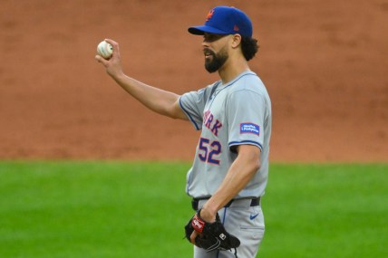 May 20, 2024; Cleveland, Ohio, USA; New York Mets relief pitcher Jorge Lopez (52) stands on the mound in the eighth inning against the Cleveland Guardians at Progressive Field. Mandatory Credit: David Richard-USA TODAY Sports