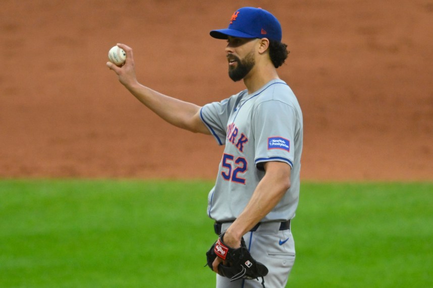 May 20, 2024; Cleveland, Ohio, USA; New York Mets relief pitcher Jorge Lopez (52) stands on the mound in the eighth inning against the Cleveland Guardians at Progressive Field. Mandatory Credit: David Richard-USA TODAY Sports