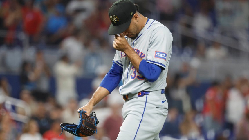 May 18, 2024; Miami, Florida, USA;  New York Mets relief pitcher Edwin Diaz (39) reacts as he leaves the mound after giving up four runs against the Miami Marlins in the ninth inning at loanDepot Park. Mandatory Credit: Rhona Wise-USA TODAY Sports