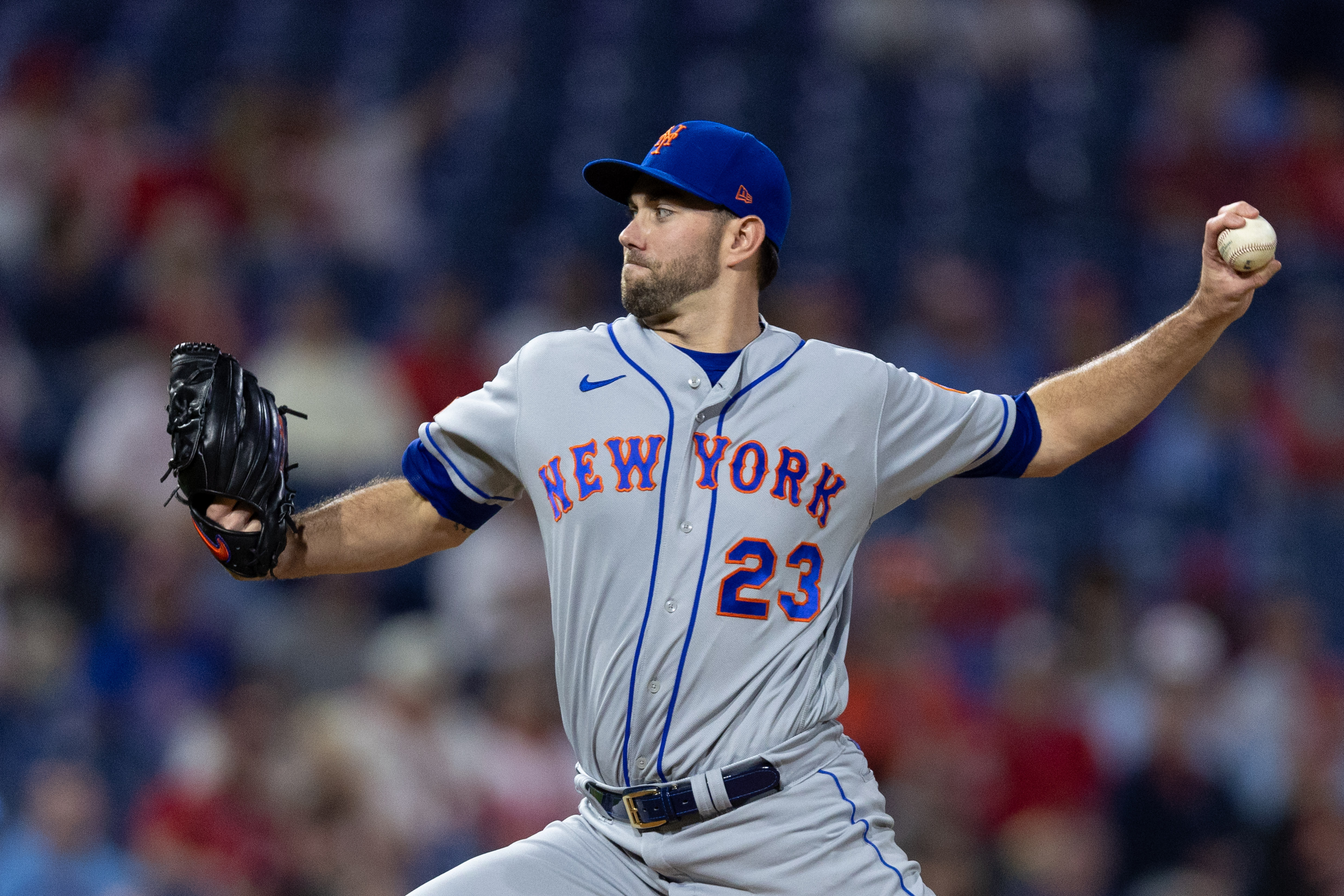 Sep 21, 2023; Philadelphia, Pennsylvania, USA; New York Mets starting pitcher David Peterson (23) throws a pitch during the first inning against the Philadelphia Phillies at Citizens Bank Park. Mandatory Credit: Bill Streicher-USA TODAY Sports