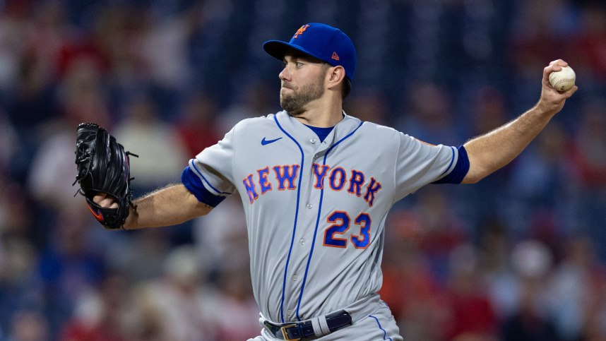 Sep 21, 2023; Philadelphia, Pennsylvania, USA; New York Mets starting pitcher David Peterson (23) throws a pitch during the first inning against the Philadelphia Phillies at Citizens Bank Park. Mandatory Credit: Bill Streicher-USA TODAY Sports