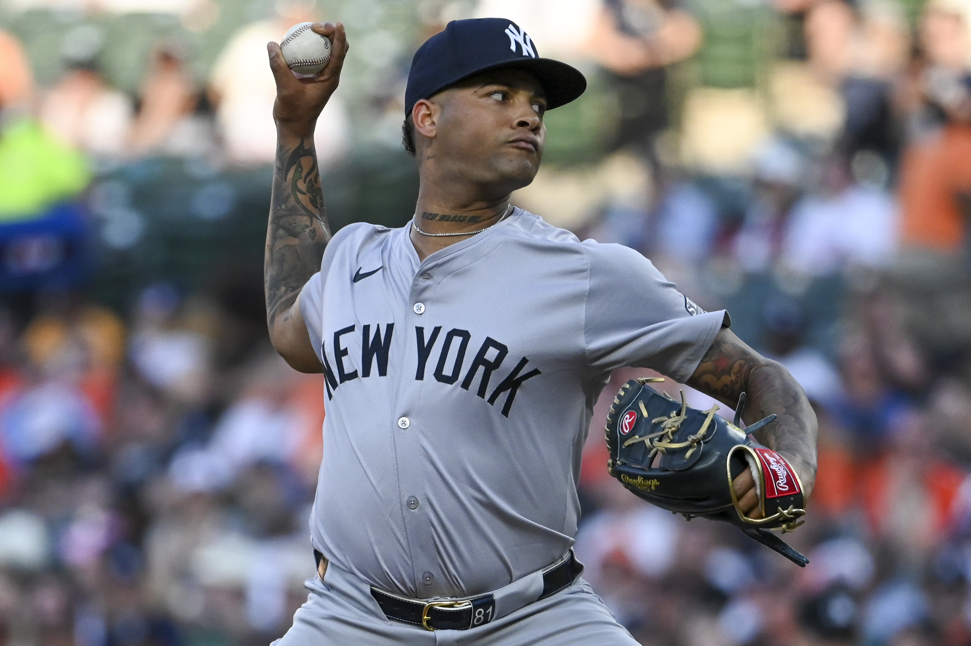 May 1, 2024; Baltimore, Maryland, USA;  New York Yankees pitcher Luis Gil (81) throws a second inning pitch against the Baltimore Orioles at Oriole Park at Camden Yards. Mandatory Credit: Tommy Gilligan-USA TODAY Sports