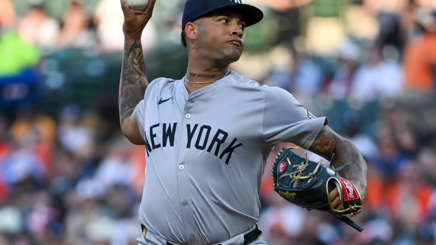 May 1, 2024; Baltimore, Maryland, USA;  New York Yankees pitcher Luis Gil (81) throws a second inning pitch against the Baltimore Orioles at Oriole Park at Camden Yards. Mandatory Credit: Tommy Gilligan-USA TODAY Sports