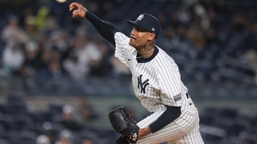 Apr 23, 2024; Bronx, New York, USA; New York Yankees relief pitcher Dennis Santana (53) delivers a pitch during the eighth inning against the Oakland Athletics at Yankee Stadium. Mandatory Credit: Vincent Carchietta-USA TODAY Sports