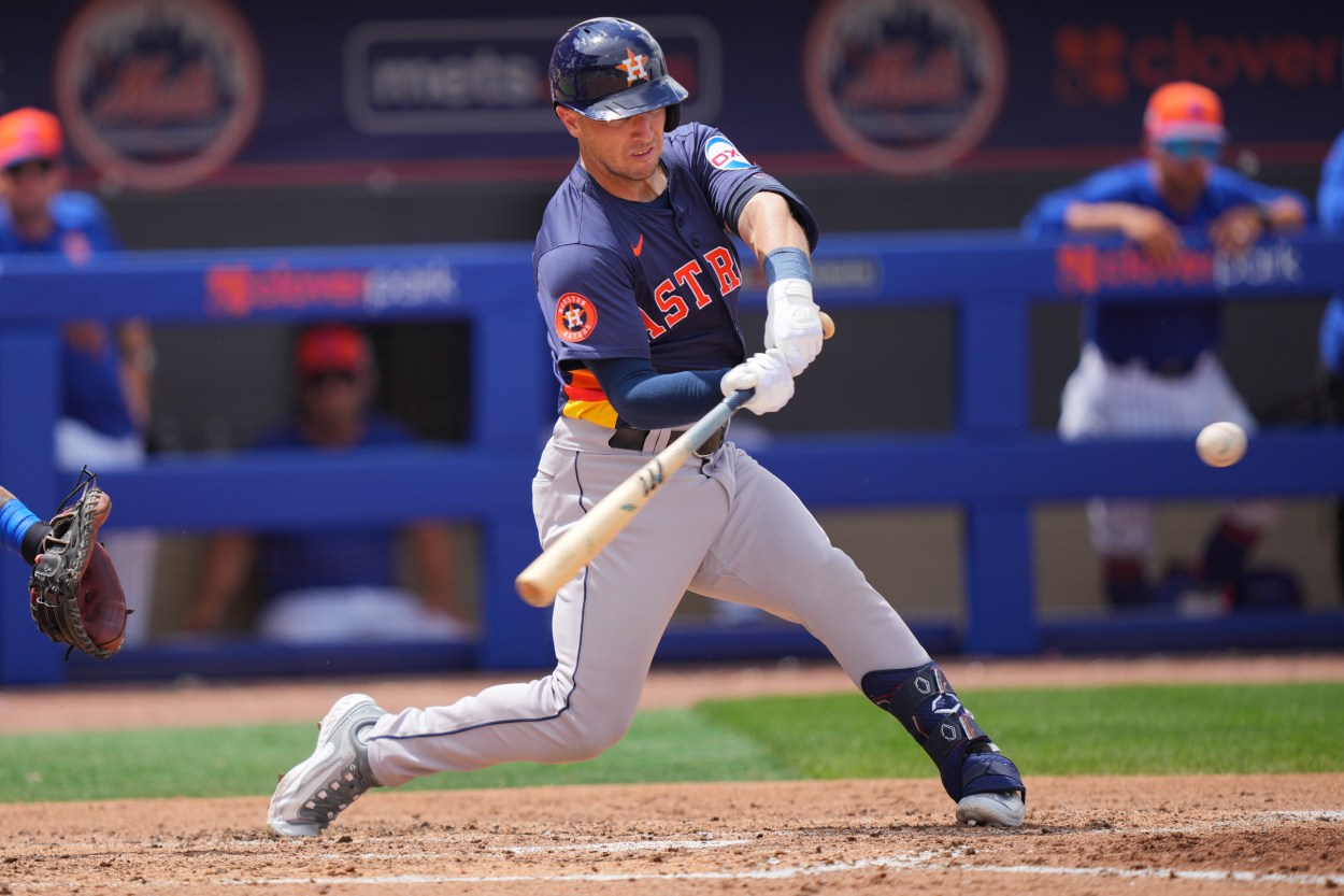 Mar 23, 2024; Port St. Lucie, Florida, USA;  Houston Astros third baseman Alex Bregman (2) hits his second three-run home run of the game against the New York Mets in the fifth inning at Clover Park. Mandatory Credit: Jim Rassol-USA TODAY Sports