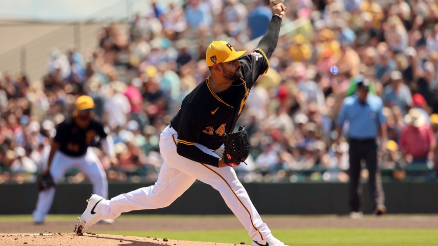 Mar 24, 2024; Bradenton, Florida, USA;  Pittsburgh Pirates starting pitcher Martin Perez (54) throws a pitch during the first inning against the New York Yankees at LECOM Park. Mandatory Credit: Kim Klement Neitzel-USA TODAY Sports