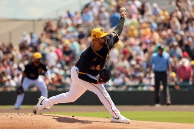 Mar 24, 2024; Bradenton, Florida, USA;  Pittsburgh Pirates starting pitcher Martin Perez (54) throws a pitch during the first inning against the New York Yankees at LECOM Park. Mandatory Credit: Kim Klement Neitzel-USA TODAY Sports