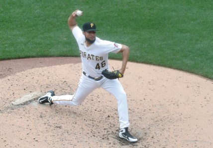 Aug 23, 2023; Pittsburgh, Pennsylvania, USA;  Pittsburgh Pirates relief pitcher Yohan Ramirez (New York Mets) (46) pitches against the St. Louis Cardinals during the fourth inning at PNC Park. Mandatory Credit: Charles LeClaire-USA TODAY Sports
