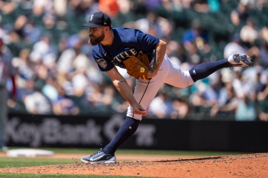 Jun 28, 2023; Seattle, Washington, USA; Seattle Mariners reliever Ty Adcock (70) delivers a pitch during the seventh inning against the Washington Nationals at T-Mobile Park. Mandatory Credit: Stephen Brashear-USA TODAY Sports