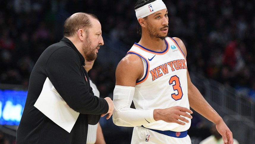 Dec 5, 2023; Milwaukee, Wisconsin, USA; New York Knicks coach Tom Thibodeau talks with New York Knicks guard Josh Hart (3) on the sideline against the Milwaukee Bucks in the first half at Fiserv Forum. Mandatory Credit: Michael McLoone-USA TODAY Sports