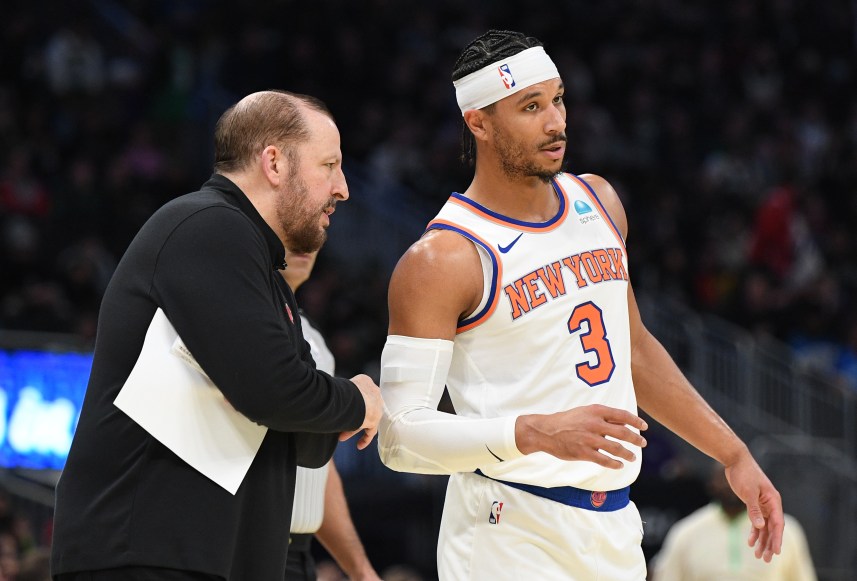 Dec 5, 2023; Milwaukee, Wisconsin, USA; New York Knicks coach Tom Thibodeau talks with New York Knicks guard Josh Hart (3) on the sideline against the Milwaukee Bucks in the first half at Fiserv Forum. Mandatory Credit: Michael McLoone-USA TODAY Sports