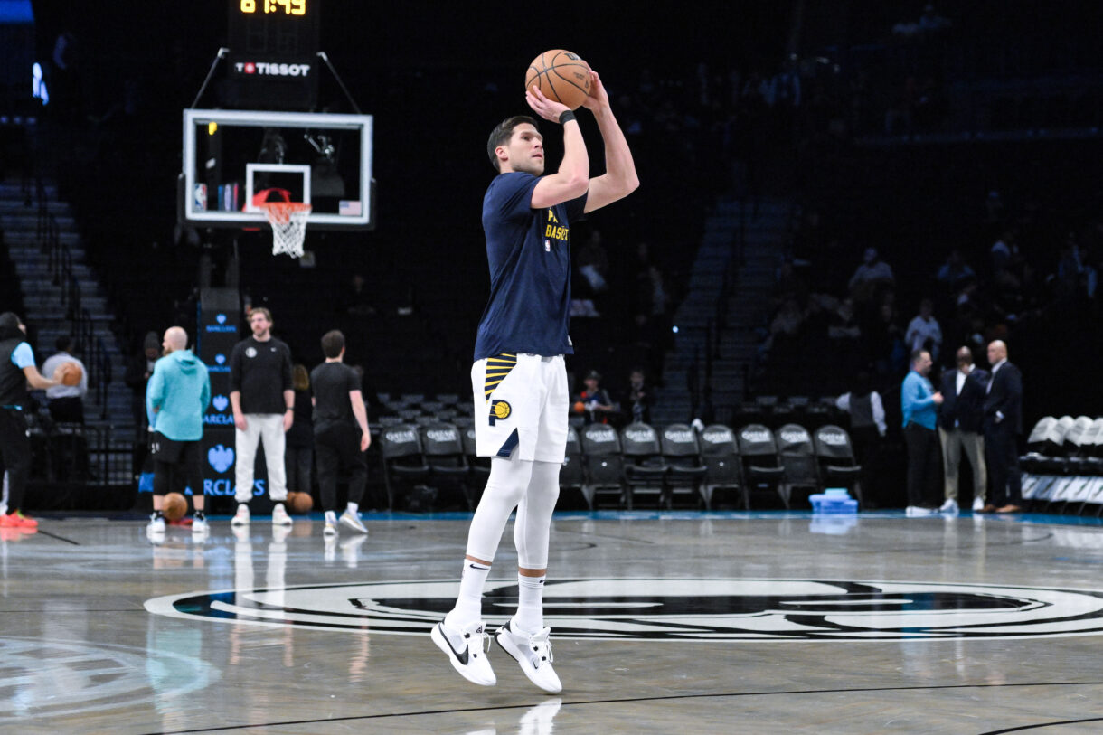 Apr 3, 2024; Brooklyn, New York, USA; Indiana Pacers forward Doug McDermott (20) warms up before a game against the Brooklyn Nets at Barclays Center. Mandatory Credit: John Jones-USA TODAY Sports
