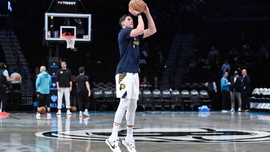 Apr 3, 2024; Brooklyn, New York, USA; Indiana Pacers forward Doug McDermott (20) warms up before a game against the Brooklyn Nets at Barclays Center. Mandatory Credit: John Jones-USA TODAY Sports