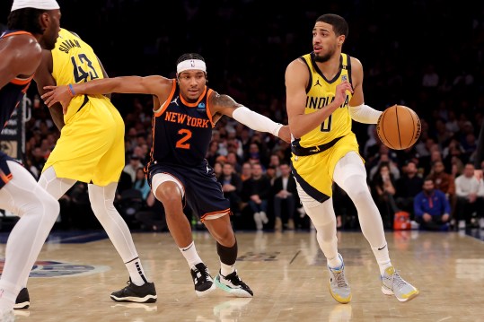 Feb 1, 2024; New York, New York, USA; Indiana Pacers guard Tyrese Haliburton (0) controls the ball against New York Knicks guard Miles McBride (2) during the second quarter at Madison Square Garden. Mandatory Credit: Brad Penner-USA TODAY Sports