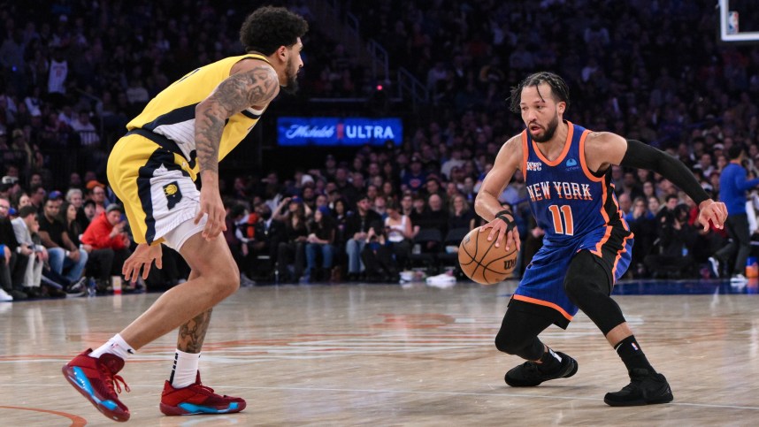 Feb 10, 2024; New York, New York, USA; New York Knicks guard Jalen Brunson (11) makes a move against Indiana Pacers forward Obi Toppin (1) during the third quarter at Madison Square Garden. Mandatory Credit: John Jones-USA TODAY Sports