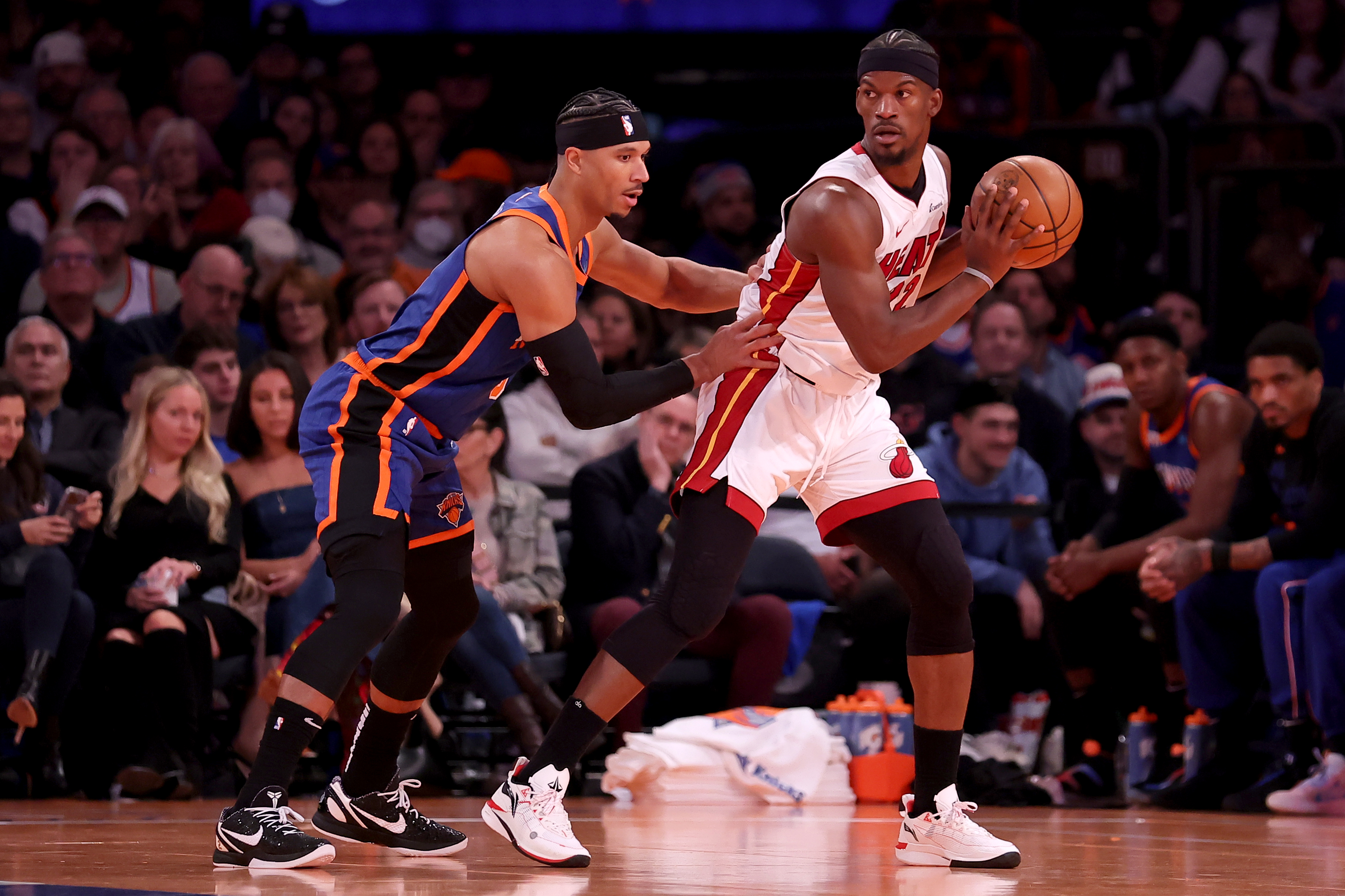 Nov 24, 2023; New York, New York, USA; Miami Heat forward Jimmy Butler (22) controls the ball against New York Knicks guard Josh Hart (3) during the third quarter at Madison Square Garden. Mandatory Credit: Brad Penner-USA TODAY Sports