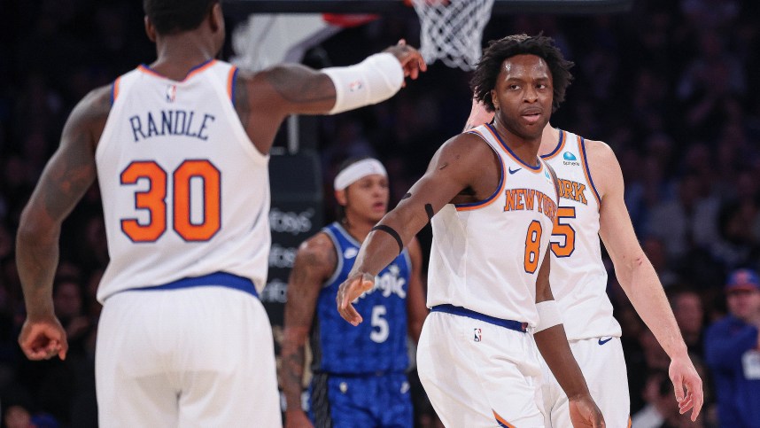 Jan 15, 2024; New York, New York, USA; New York Knicks forward OG Anunoby (8) celebrates with forward Julius Randle (30) after a basket against the Orlando Magic during the first half at Madison Square Garden. Mandatory Credit: Vincent Carchietta-USA TODAY Sports