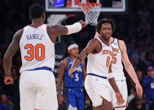 Jan 15, 2024; New York, New York, USA; New York Knicks forward OG Anunoby (8) celebrates with forward Julius Randle (30) after a basket against the Orlando Magic during the first half at Madison Square Garden. Mandatory Credit: Vincent Carchietta-USA TODAY Sports