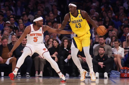 May 6, 2024; New York, New York, USA; Indiana Pacers forward Pascal Siakam (43) controls the ball against New York Knicks forward Precious Achiuwa (5) during the second quarter of game one of the second round of the 2024 NBA playoffs at Madison Square Garden. Mandatory Credit: Brad Penner-USA TODAY Sports