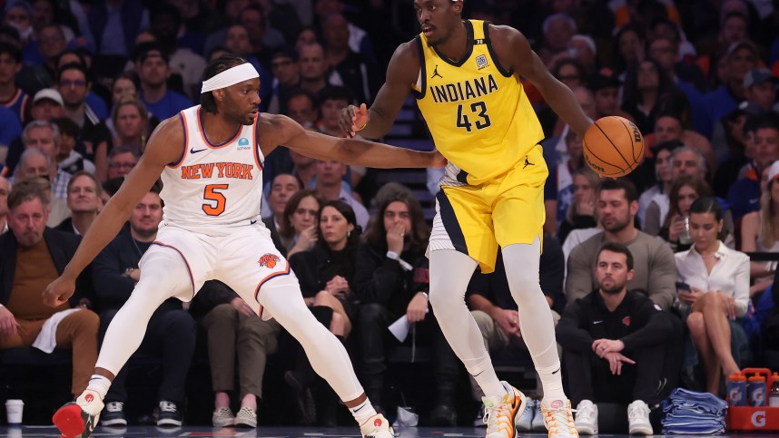 May 6, 2024; New York, New York, USA; Indiana Pacers forward Pascal Siakam (43) controls the ball against New York Knicks forward Precious Achiuwa (5) during the second quarter of game one of the second round of the 2024 NBA playoffs at Madison Square Garden. Mandatory Credit: Brad Penner-USA TODAY Sports