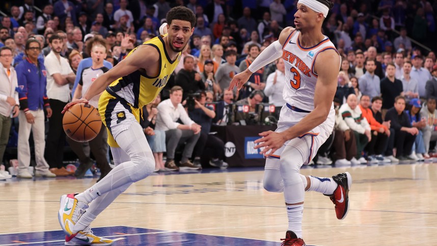 May 6, 2024; New York, New York, USA; Indiana Pacers guard Tyrese Haliburton (0) controls the ball against New York Knicks guard Josh Hart (3) during the fourth quarter of game one of the second round of the 2024 NBA playoffs at Madison Square Garden. Mandatory Credit: Brad Penner-USA TODAY Sports