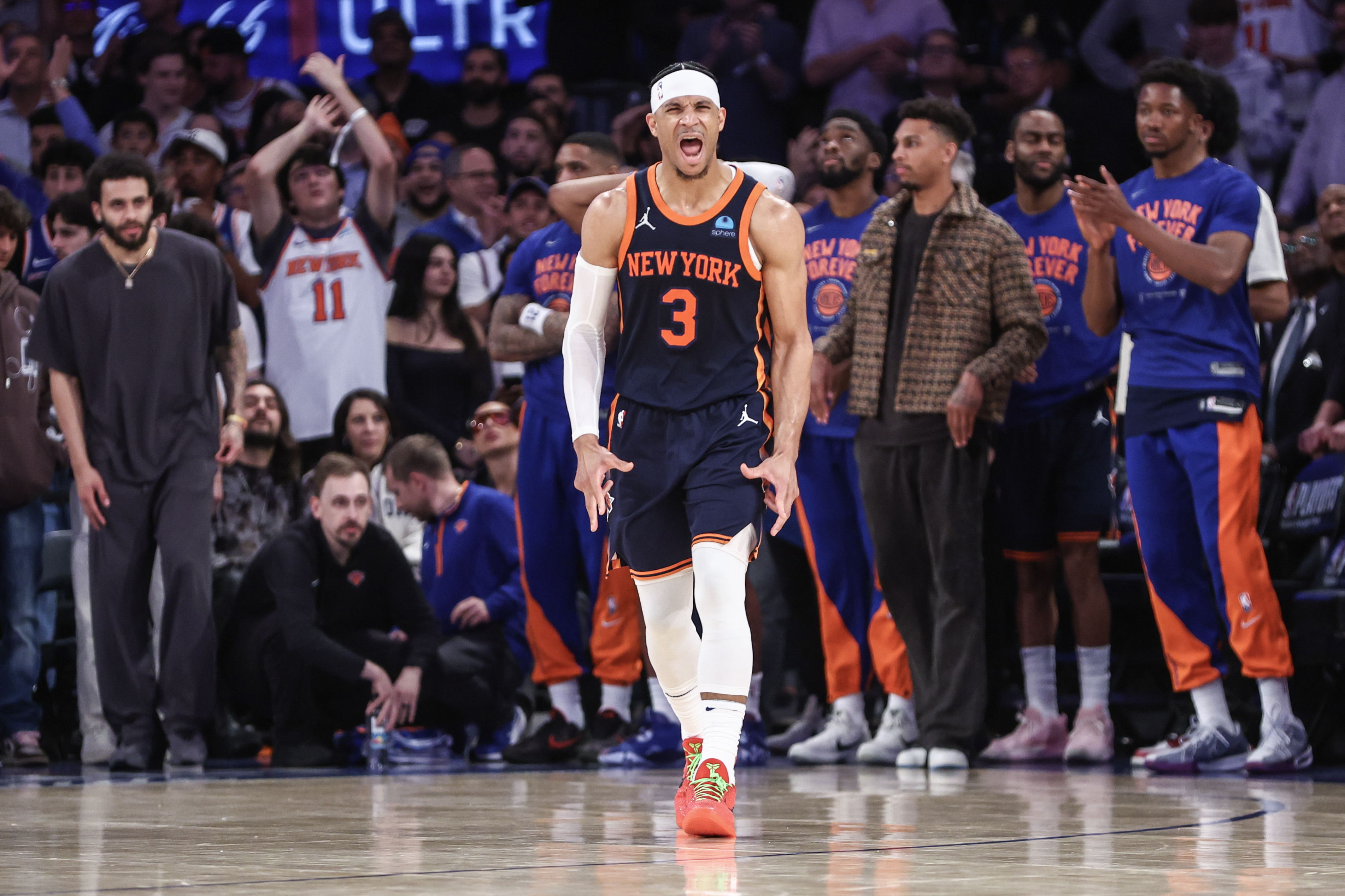 May 8, 2024; New York, New York, USA; New York Knicks guard Josh Hart (3) celebrates in the fourth quarter against the Indiana Pacers during game two of the second round for the 2024 NBA playoffs at Madison Square Garden. Mandatory Credit: Wendell Cruz-USA TODAY Sports