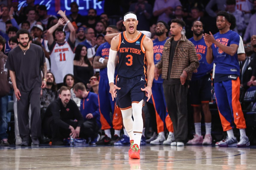 May 8, 2024; New York, New York, USA; New York Knicks guard Josh Hart (3) celebrates in the fourth quarter against the Indiana Pacers during game two of the second round for the 2024 NBA playoffs at Madison Square Garden. Mandatory Credit: Wendell Cruz-USA TODAY Sports