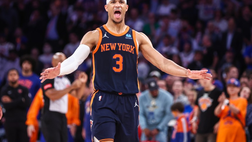 May 8, 2024; New York, New York, USA; New York Knicks guard Josh Hart (3) celebrates in the fourth quarter against the Indiana Pacers during game two of the second round for the 2024 NBA playoffs at Madison Square Garden. Mandatory Credit: Wendell Cruz-USA TODAY Sports