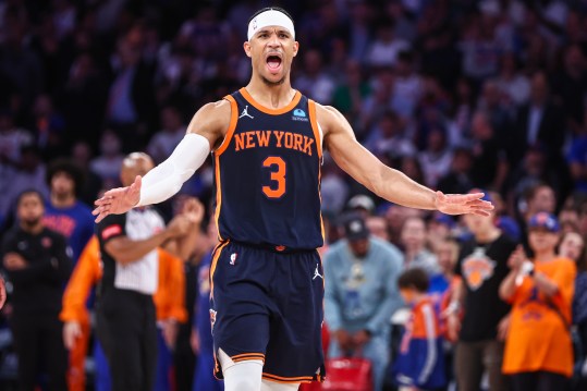 May 8, 2024; New York, New York, USA; New York Knicks guard Josh Hart (3) celebrates in the fourth quarter against the Indiana Pacers during game two of the second round for the 2024 NBA playoffs at Madison Square Garden. Mandatory Credit: Wendell Cruz-USA TODAY Sports