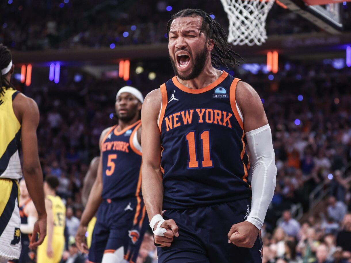 May 8, 2024; New York, New York, USA; New York Knicks guard Jalen Brunson (11) celebrates in the fourth quarter  after scoring against the Indiana Pacers during game two of the second round for the 2024 NBA playoffs at Madison Square Garden. Mandatory Credit: Wendell Cruz-USA TODAY Sports
