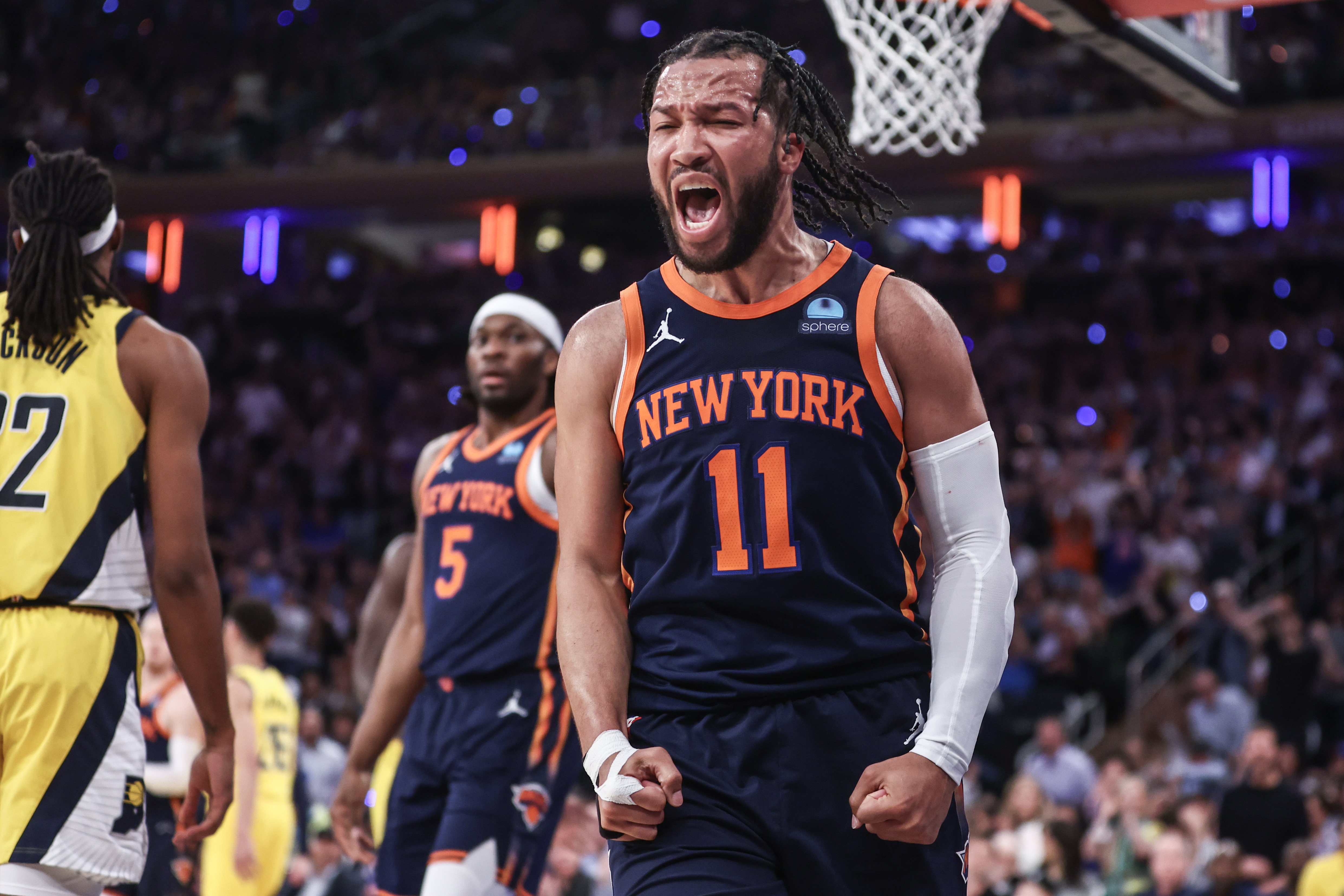 May 8, 2024; New York, New York, USA; New York Knicks guard Jalen Brunson (11) celebrates in the fourth quarter  after scoring against the Indiana Pacers during game two of the second round for the 2024 NBA playoffs at Madison Square Garden. Mandatory Credit: Wendell Cruz-USA TODAY Sports