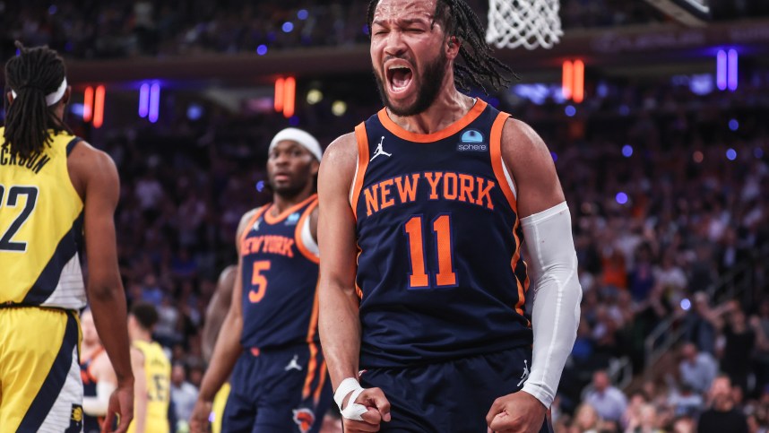 May 8, 2024; New York, New York, USA; New York Knicks guard Jalen Brunson (11) celebrates in the fourth quarter  after scoring against the Indiana Pacers during game two of the second round for the 2024 NBA playoffs at Madison Square Garden. Mandatory Credit: Wendell Cruz-USA TODAY Sports