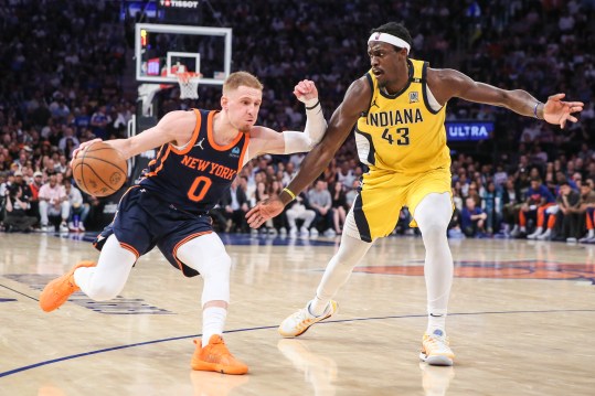 May 8, 2024; New York, New York, USA; New York Knicks guard Donte DiVincenzo (0) looks to drive past Indiana Pacers forward Pascal Siakam (43) in the fourth quarter during game two of the second round for the 2024 NBA playoffs at Madison Square Garden. Mandatory Credit: Wendell Cruz-USA TODAY Sports