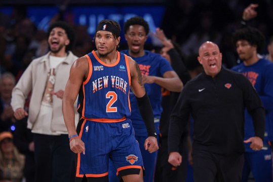 May 14, 2024; New York, New York, USA; New York Knicks guard Miles McBride (2) reacts after a basket during the first half during game five of the second round for the 2024 NBA playoffs against the Indiana Pacers at Madison Square Garden. Mandatory Credit: Vincent Carchietta-USA TODAY Sports