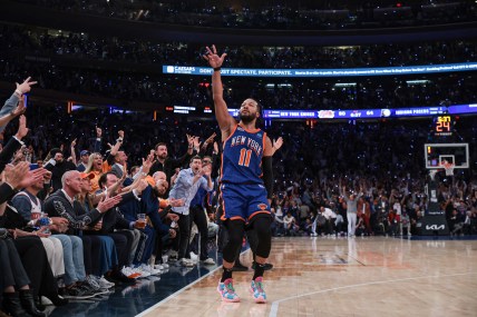 May 14, 2024; New York, New York, USA; New York Knicks guard Jalen Brunson (11) reacts after making a three point basket during the second half during game five of the second round for the 2024 NBA playoffs against the Indiana Pacers at Madison Square Garden. Mandatory Credit: Vincent Carchietta-USA TODAY Sports