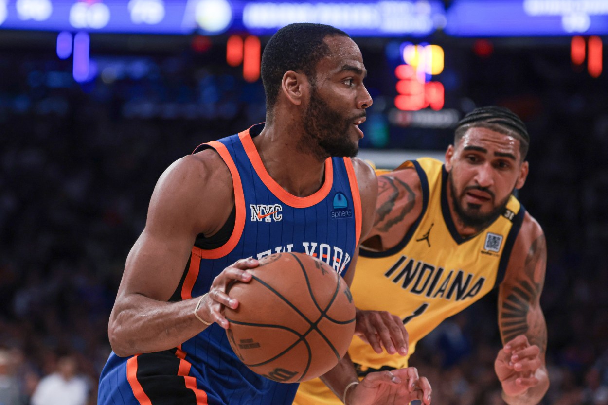 May 14, 2024; New York, New York, USA; New York Knicks guard Alec Burks (18) dribbles against Indiana Pacers forward Obi Toppin (1) during the second half during game five of the second round for the 2024 NBA playoffs at Madison Square Garden. Mandatory Credit: Vincent Carchietta-USA TODAY Sports